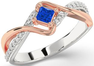 Diamond Blue Sapphire Silver & 10K Rose Gold Princess Promise Ring