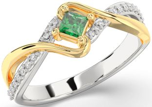 Diamond Emerald Silver & 10K gold Princess Promise Ring