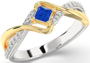 Diamond Blue Sapphire Platinum & Yellow Gold Princess Promise Ring