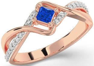 Diamond Blue Sapphire Rose Gold Silver Princess Promise Ring