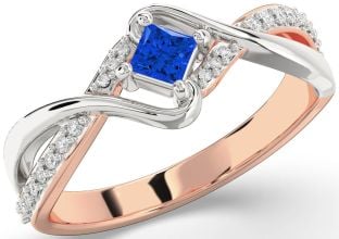 Diamond Blue Sapphire Platinum & Rose Gold Princess Promise Ring