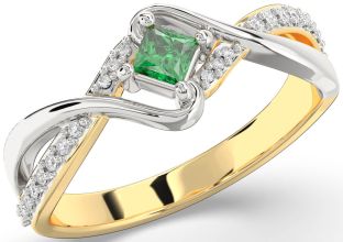 Diamond Emerald Platinum & Yellow Gold Princess Promise Ring