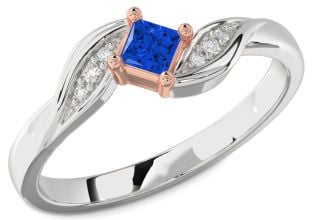 Diamond Blue Sapphire Silver & 10K Rose Gold Princess Promise Ring