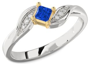 Diamond Blue Sapphire Silver & 10K gold Princess Promise Ring