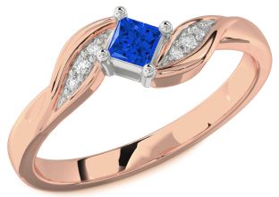 Diamond Blue Sapphire White Rose Gold Princess Promise Ring