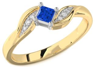 Diamond Blue Sapphire White Yellow Gold Princess Promise Ring