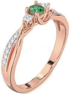 Diamond Emerald Rose Gold Round Three Stone Engagement Ring