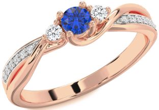 Diamond Blue Sapphire Rose Gold Silver Round Three Stone Engagement Ring