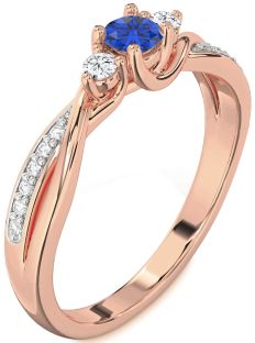 Diamond Blue Sapphire Rose Gold Silver Round Three Stone Engagement Ring