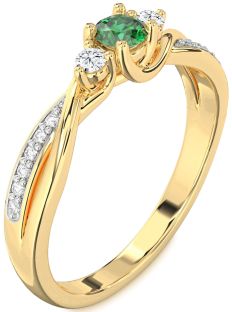 Diamond Emerald Gold Round Three Stone Engagement Ring