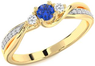 Diamond Blue Sapphire Gold Round Three Stone Engagement Ring