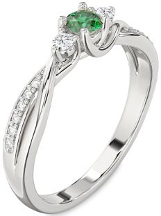 Diamond Emerald Platinum Round Three Stone Engagement Ring