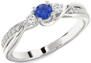 Diamond Blue Sapphire Silver Round Three Stone Engagement Ring