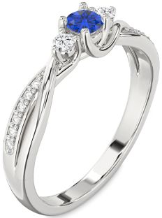 Diamond Blue Sapphire Silver Round Three Stone Engagement Ring