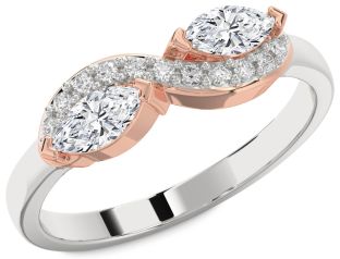 Diamond Silver & 10K Rose Gold Marquise Two Stone Ring