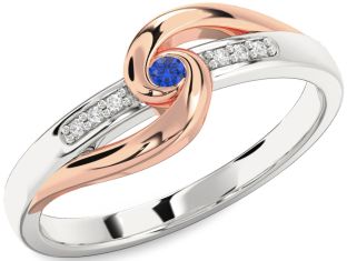 Diamond Blue Sapphire Silver & 10K Rose Gold Knot Round Promise Ring