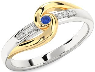 Diamond Blue Sapphire White Yellow Gold Knot Round Promise Ring