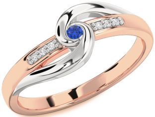 Diamond Blue Sapphire White Rose Gold Knot Round Promise Ring