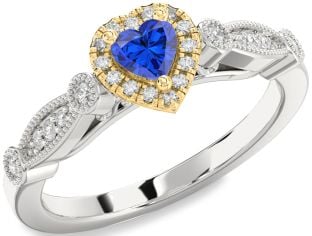 Diamond Blue Sapphire Platinum & Yellow Gold Heart Promise Ring