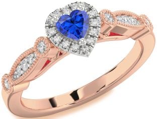 Diamond Blue Sapphire White Rose Gold Heart Promise Ring