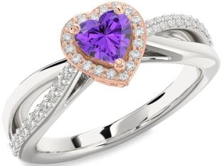 Diamond Amethyst Platinum & Rose Gold Heart Halo Engagement Ring