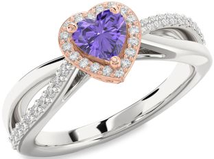 Diamond Amethyst Platinum & Rose Gold Heart Halo Engagement Ring