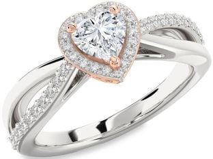 Diamond Silver & 10K Rose Gold Heart Halo Solitaire Engagement Ring