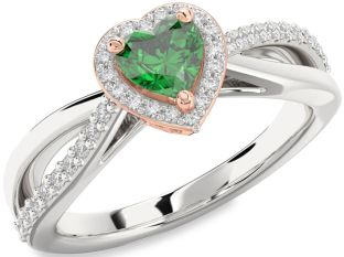 Diamond Emerald White Rose Gold Heart Halo Solitaire Engagement Ring