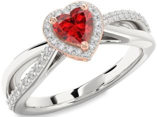 Diamond Ruby White Rose Gold Heart Halo Solitaire Engagement Ring