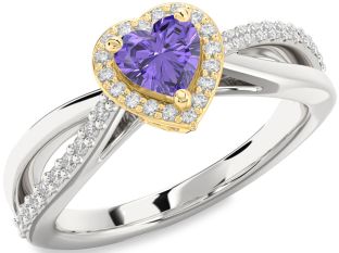 Diamond Amethyst Platinum & Yellow Gold Heart Halo Engagement Ring