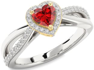 Diamond Ruby White Yellow Gold Heart Halo Solitaire Engagement Ring