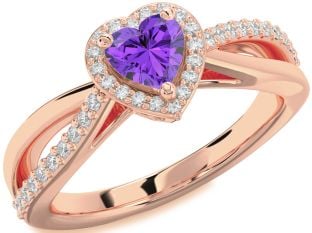 Diamond Amethyst Rose Gold Heart Halo Engagement Ring