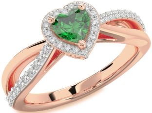 Diamond Emerald Rose Gold Heart Halo Solitaire Engagement Ring