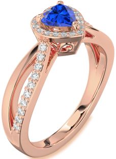 Diamond Blue Sapphire Rose Gold Silver Heart Halo Engagement Ring