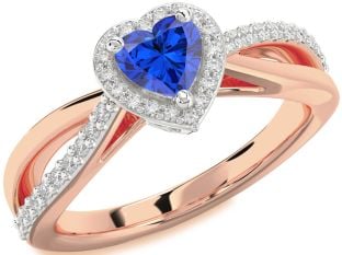 Diamond Blue Sapphire Platinum & Rose Gold Heart Halo Engagement Ring