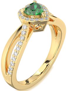 Diamond Emerald Gold Heart Halo Engagement Ring