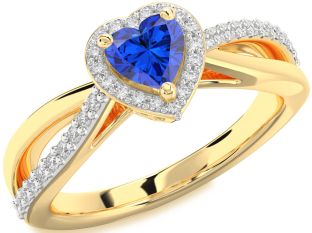 Diamond Blue Sapphire Gold Heart Halo Solitaire Engagement Ring