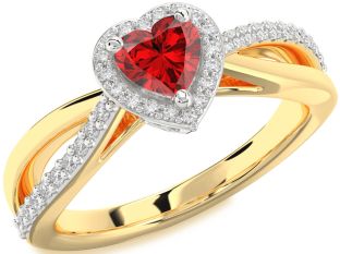 Diamond Ruby White Yellow Gold Heart Halo Solitaire Engagement Ring
