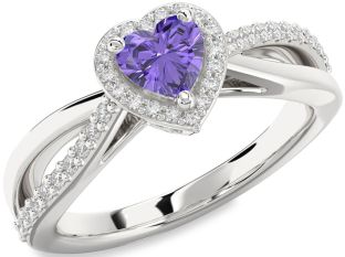 Diamond Amethyst Platinum Heart Halo Engagement Ring