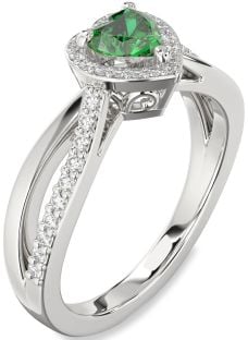 Diamond Emerald White Gold Heart Halo Engagement Ring