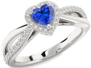 Diamond Blue Sapphire White Gold Heart Halo Solitaire Engagement Ring