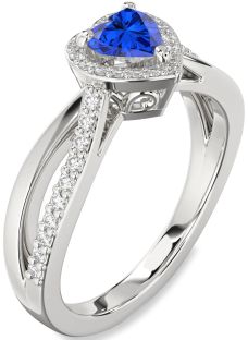 Diamond Blue Sapphire Platinum Heart Halo Engagement Ring