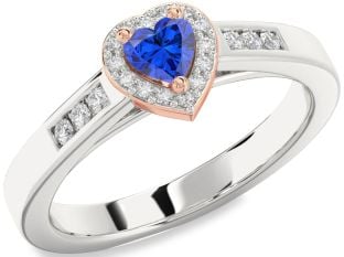 Diamond Blue Sapphire Platinum & Rose Gold Heart Promise Ring