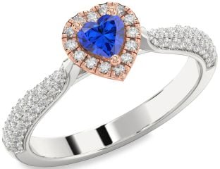 Diamond Blue Sapphire Platinum & Rose Gold Heart Pave Promise Ring
