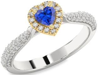Diamond Blue Sapphire Platinum & Yellow Gold Heart Pave Promise Ring