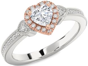 Diamond Silver & 10K Rose Gold Heart Halo Solitaire Engagement Ring