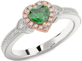 Diamond Emerald White Rose Gold Heart Halo Solitaire Engagement Ring