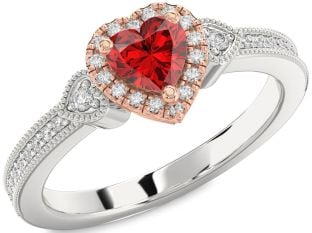 Diamond Ruby Platinum & Rose Gold Heart Halo Solitaire Engagement Ring