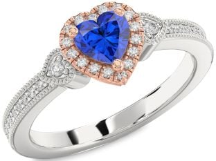 Diamond Blue Sapphire Platinum & Rose Gold Heart Halo Solitaire Engagement Ring