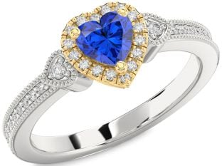 Diamond Blue Sapphire Platinum & Yellow Gold Heart Halo Solitaire Engagement Ring